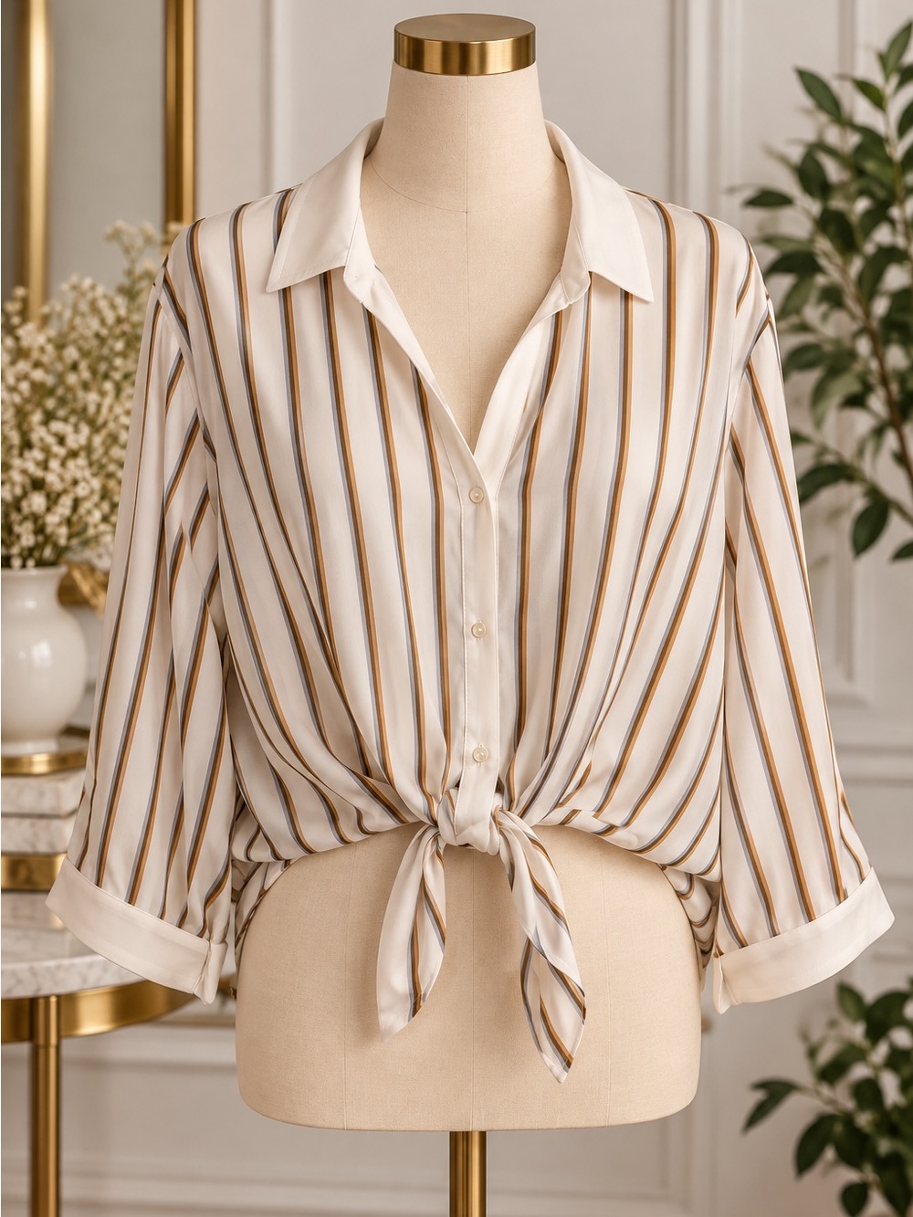Vince Camuto Ivory Button-Front Tie Hem Stripe Shirt